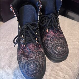 Mandala Pattern Women's Combat Boots - Black and Pink